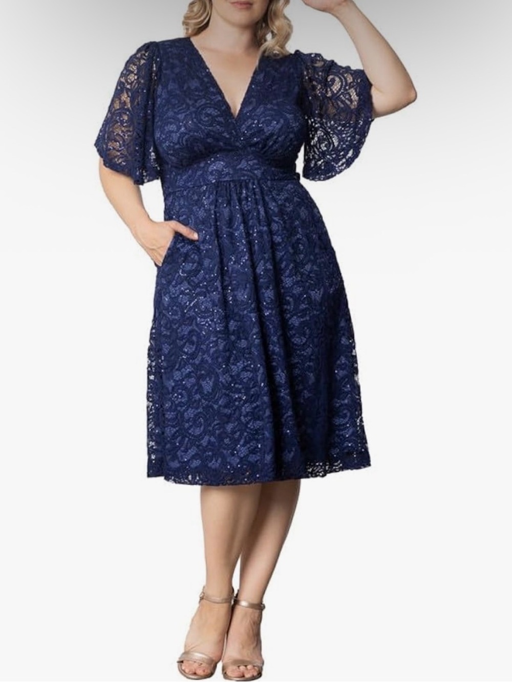 Kiyonna Navy Sequined Lace V-Neck Midi Dress